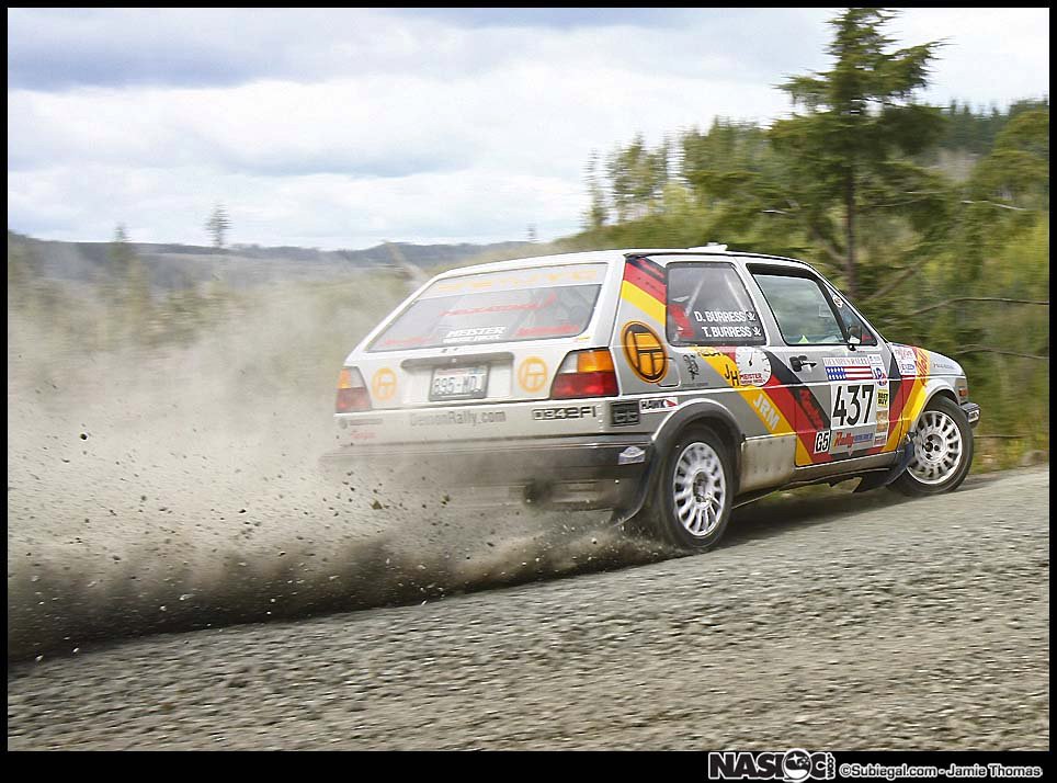 a volkswagen gti rally spits gravel at the camera