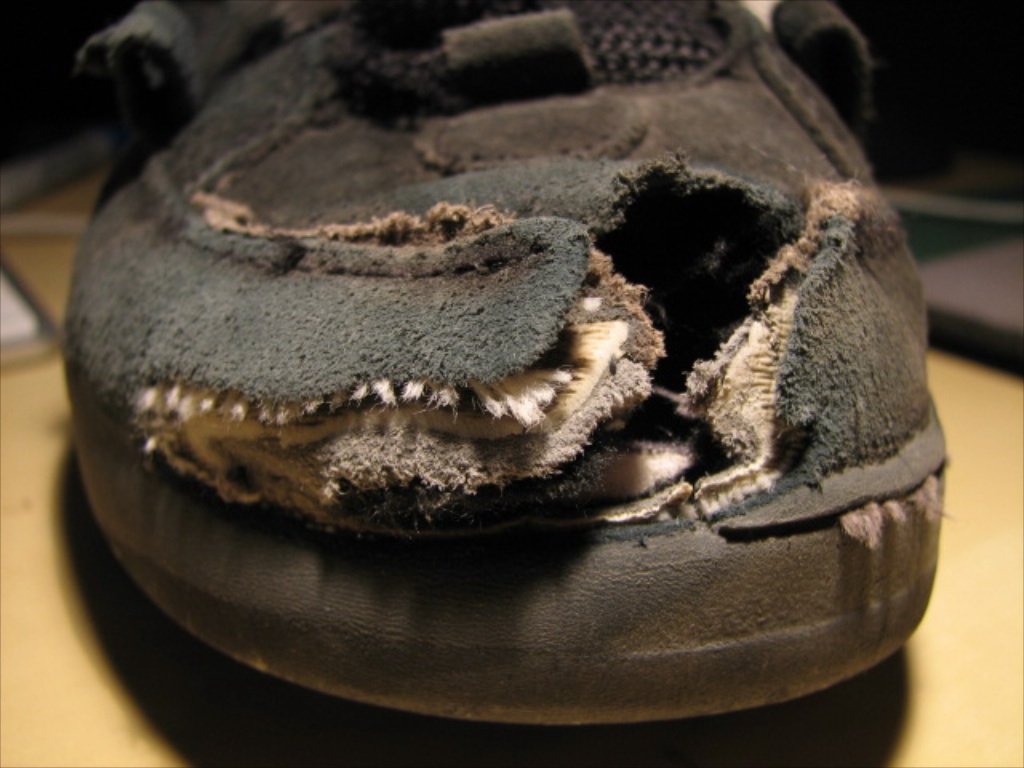 The thing about skateboarding is that it is pretty destructive. This is what is left of the toe cap of my skate shoes.