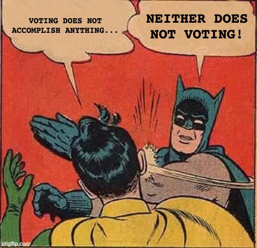 Batman slapping Robin for thinking his vote doesn't do anything